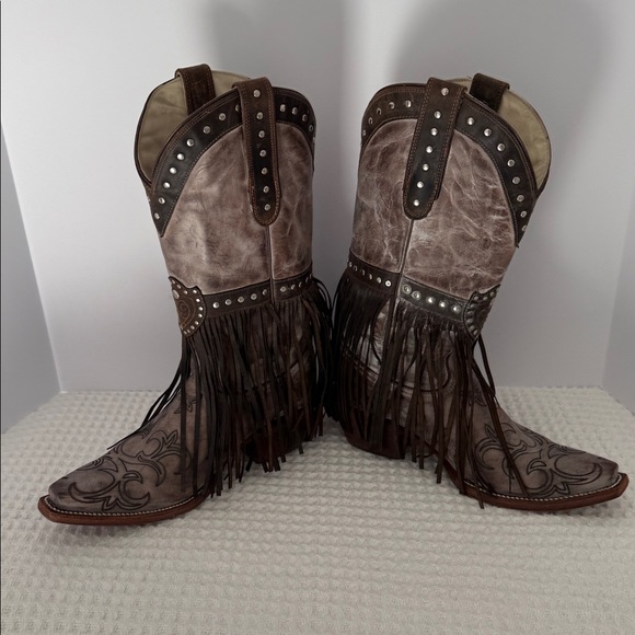 WOMENS J.B. Dillon leather fringe brown cowboy boots SZ 9 - Picture 3 of 8